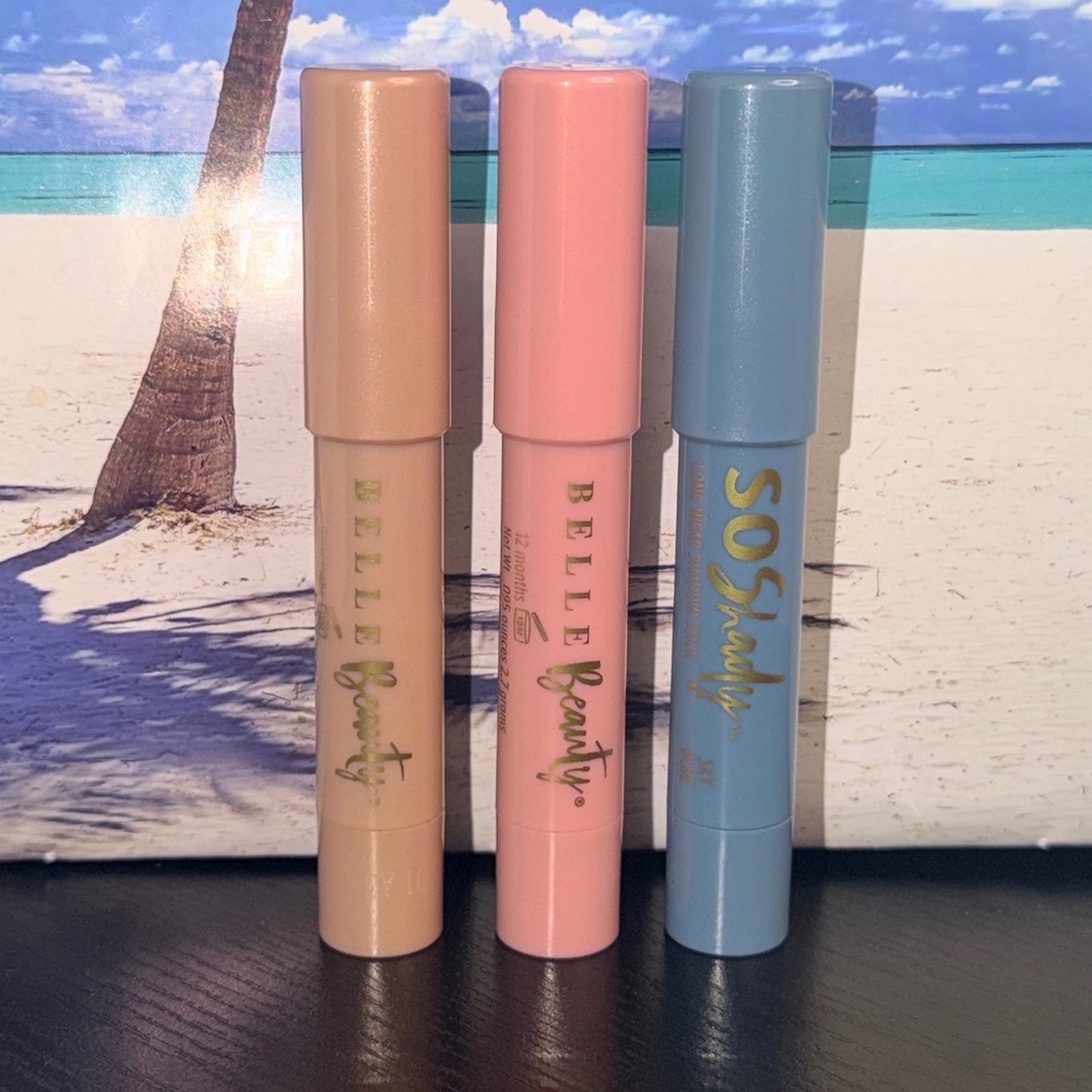 Belle Beauty SO Shady Long Wear Shadow Stick Trio Golden Soft Pink Sky Blue 3pc
